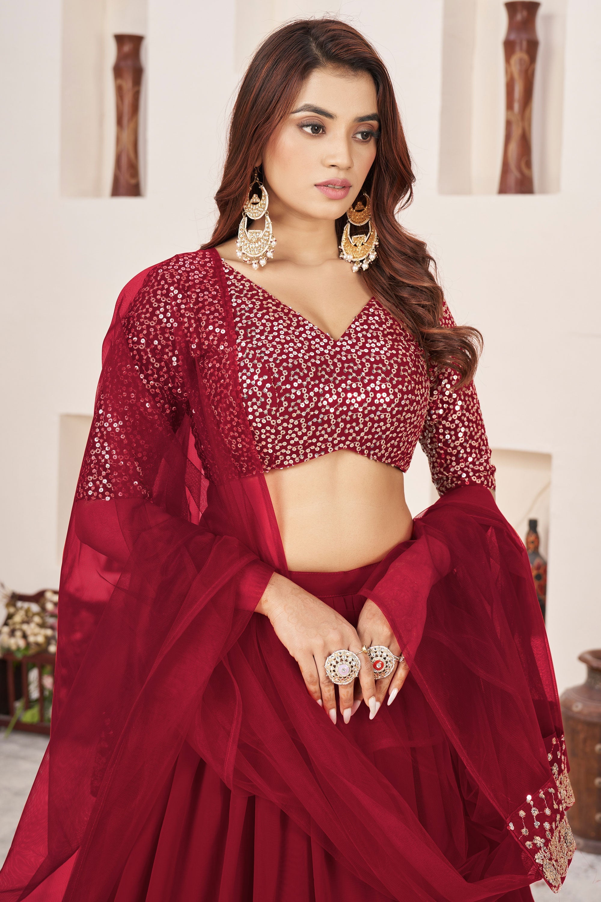 Contemporary Red Color Georgette Lehenga For Sangeet Function