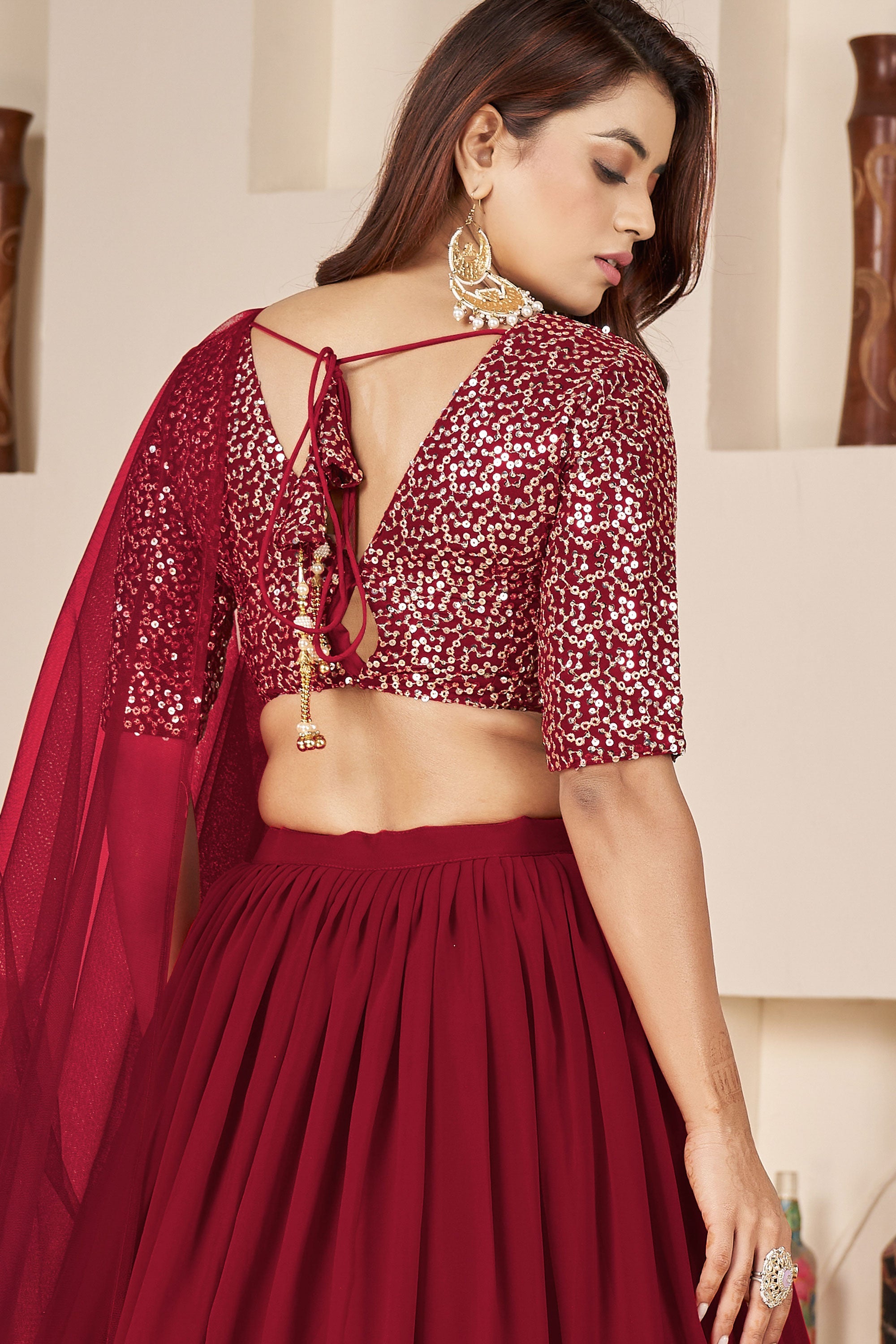 Contemporary Red Color Georgette Lehenga For Sangeet Function