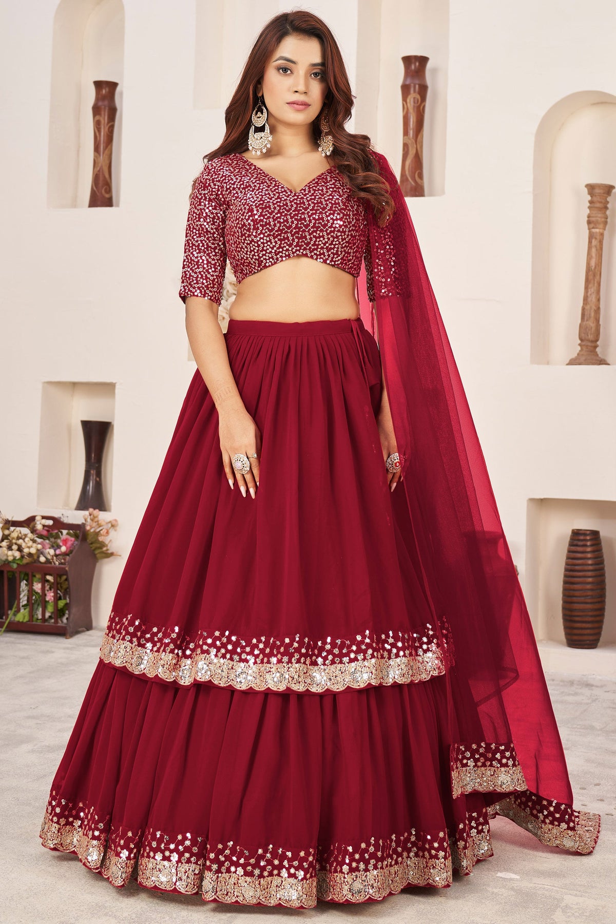 Contemporary Red Color Georgette Lehenga For Sangeet Function