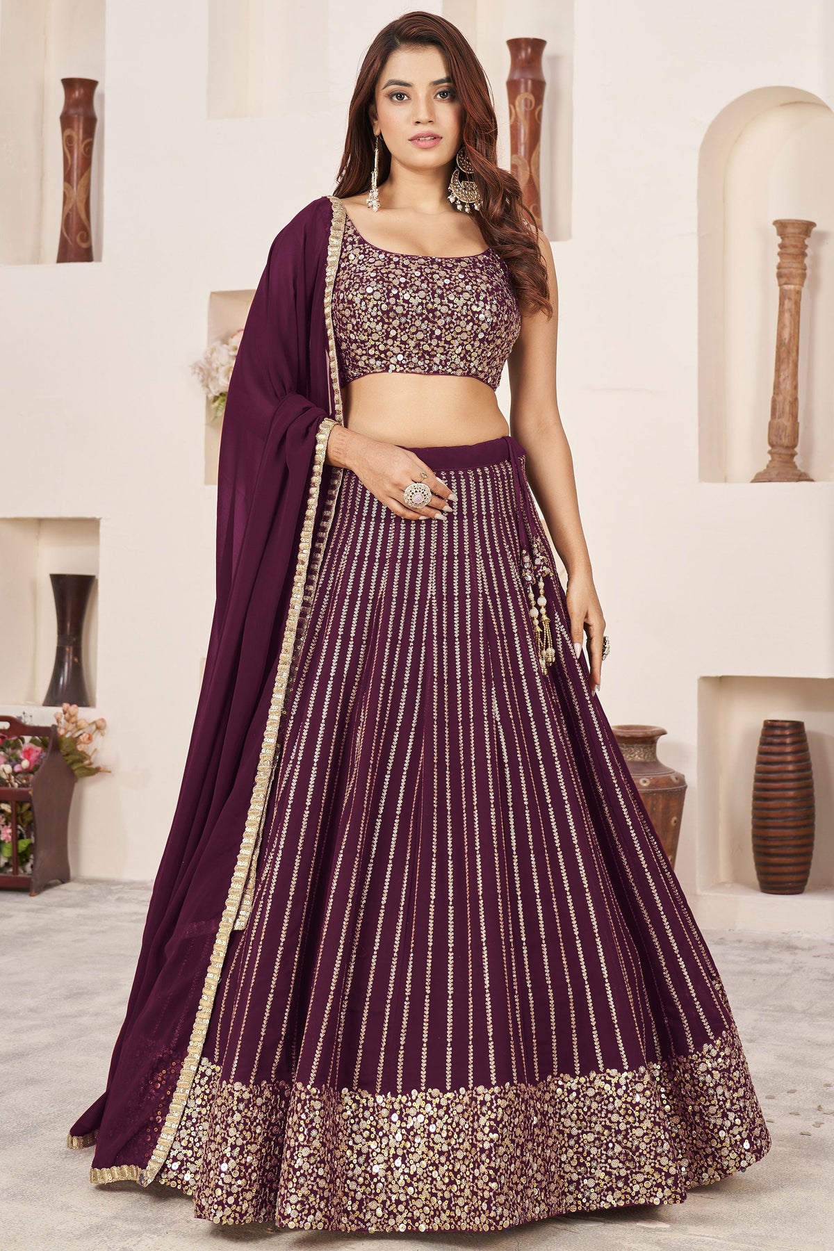 Vibrant Wine Color Georgette Sequins Design Lehenga For Function