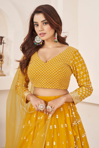 Artistic Georgette Yellow Color Lehenga For Sangeet Function