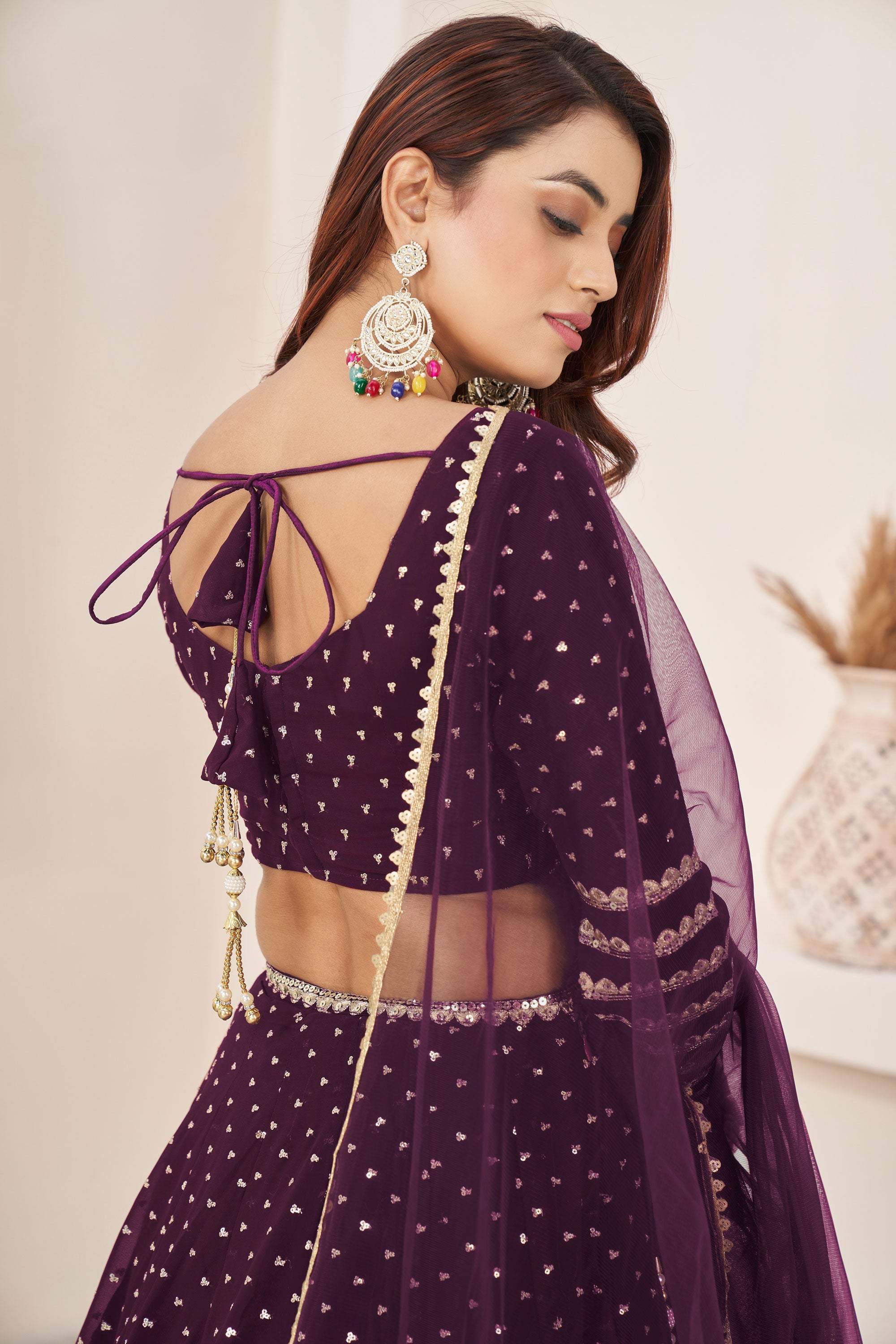 Classic Georgette Sequins Design Wine Color Lehenga For Function