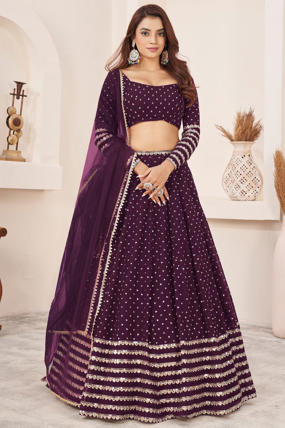 Classic Georgette Sequins Design Wine Color Lehenga For Function