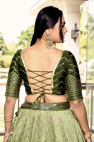 Stylish Green Chinon Fabric Lehenga With Sequins Work