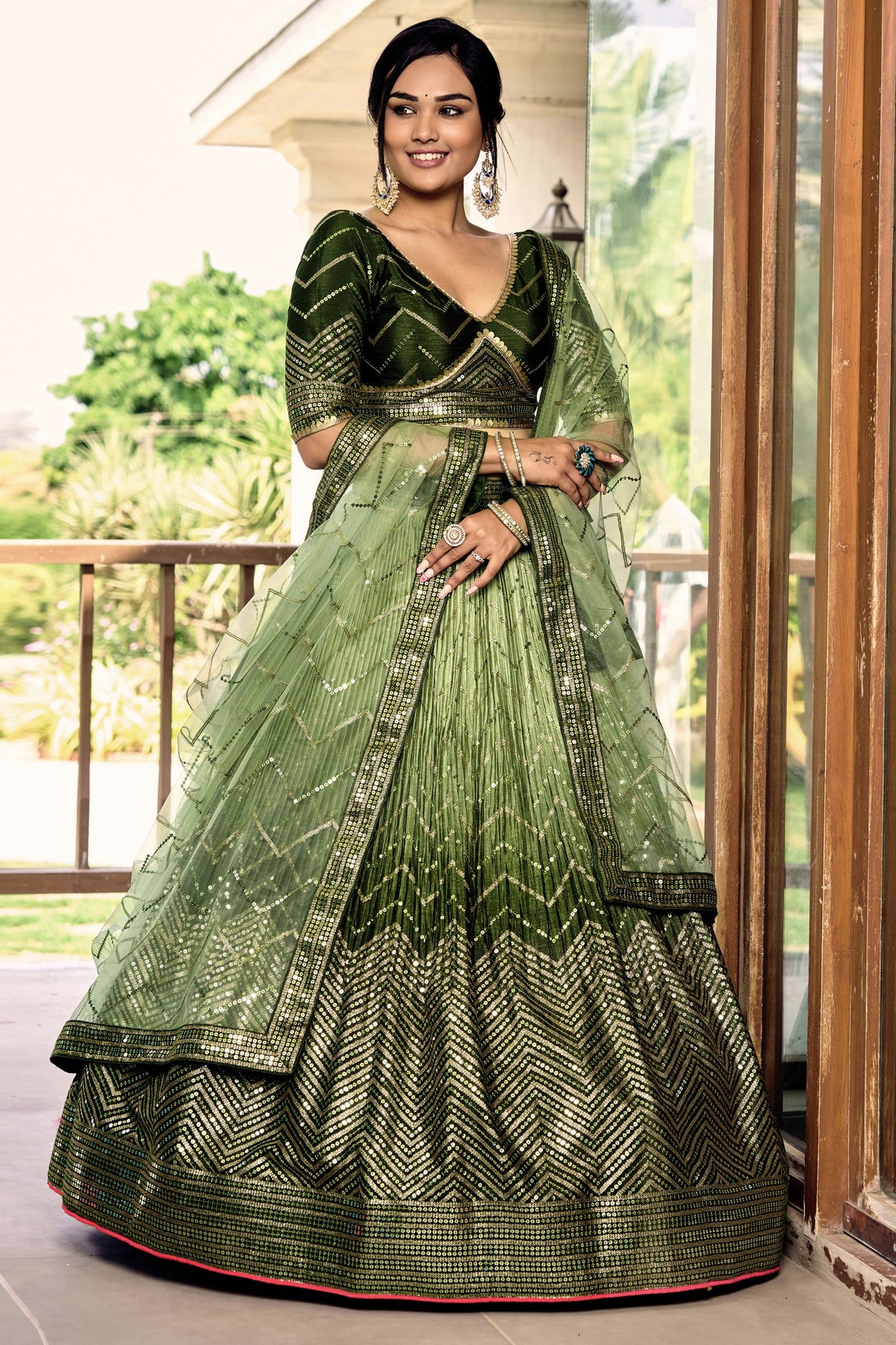 Stylish Green Chinon Fabric Lehenga With Sequins Work