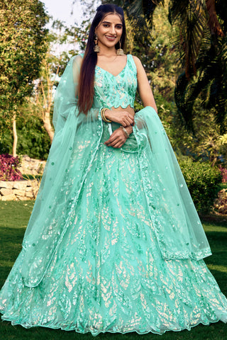 Blue Color Net Fabric Sequins Work Lehenga For Function