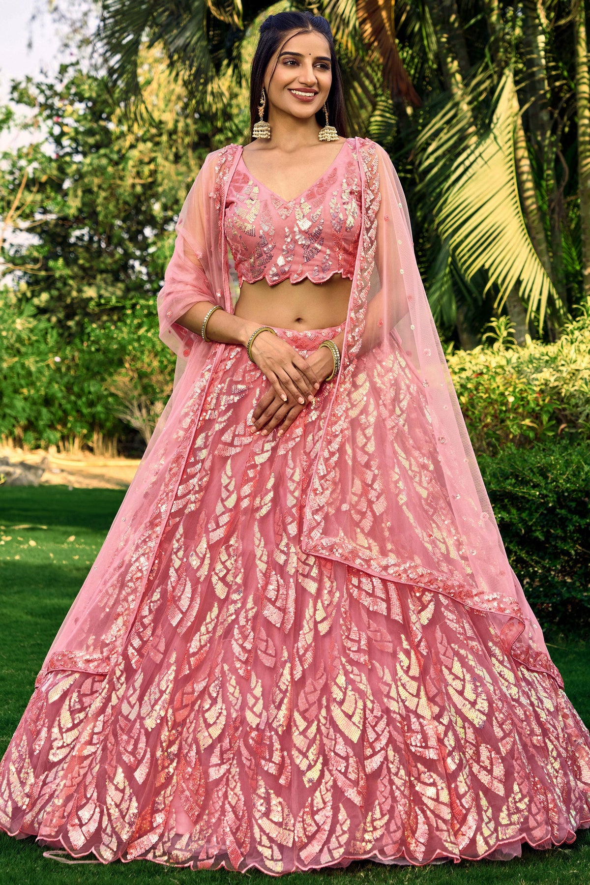 Stylish Pink Color Net Fabric Sequins Work Lehenga