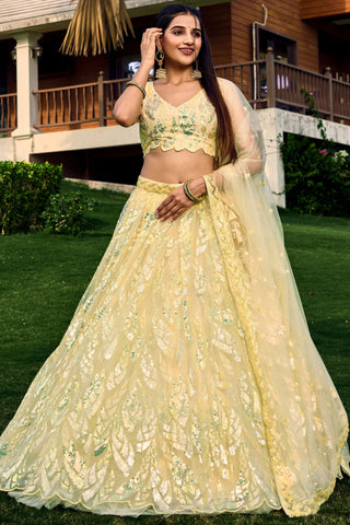 Function look Net Fabric Lehenga in Yellow Color