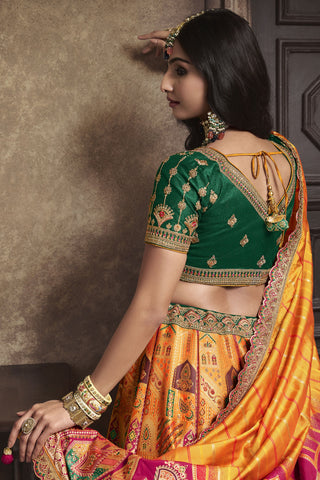 Excellent Silk Fabric Orange Color Bridal Lehenga With Sequins Work