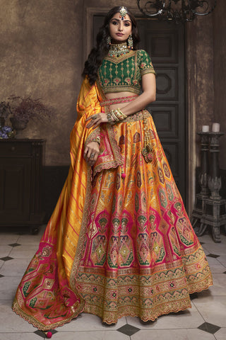 Excellent Silk Fabric Orange Color Bridal Lehenga With Sequins Work