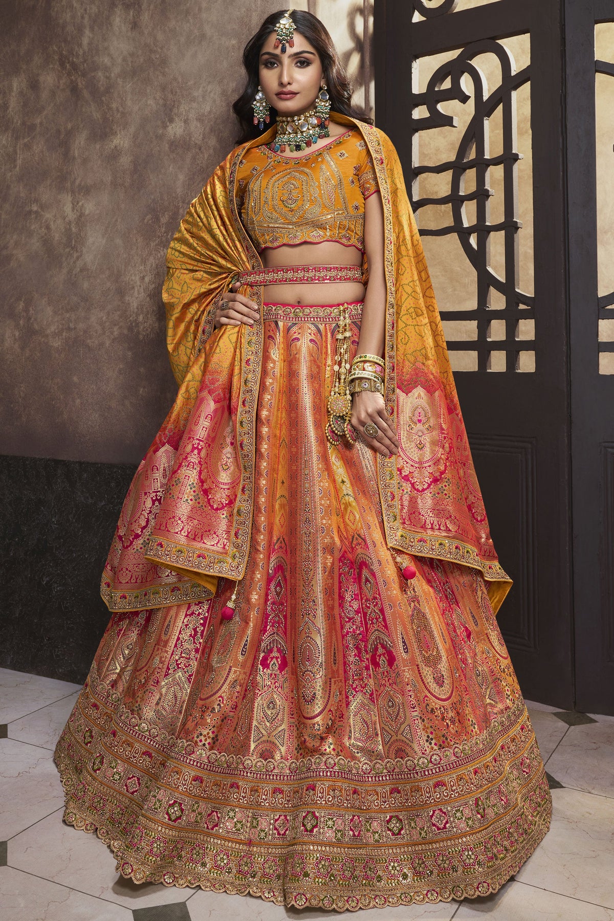 Embellished Sequins Work On Peach Color Silk Fabric Bridal Lehenga