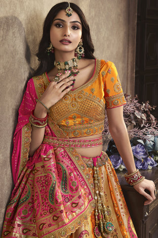 Tempting Silk Fabric Mustard Color Bridal Lehenga With Sequins Work