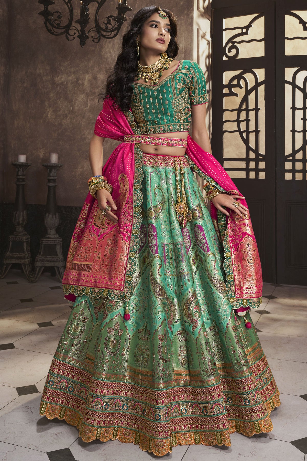 Engaging Sea Green Color Silk Fabric Bridal Lehenga With Sequins Work