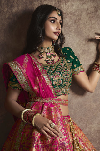 Sequins Work On Peach Color Gorgeous Bridal Lehenga In Silk Fabric