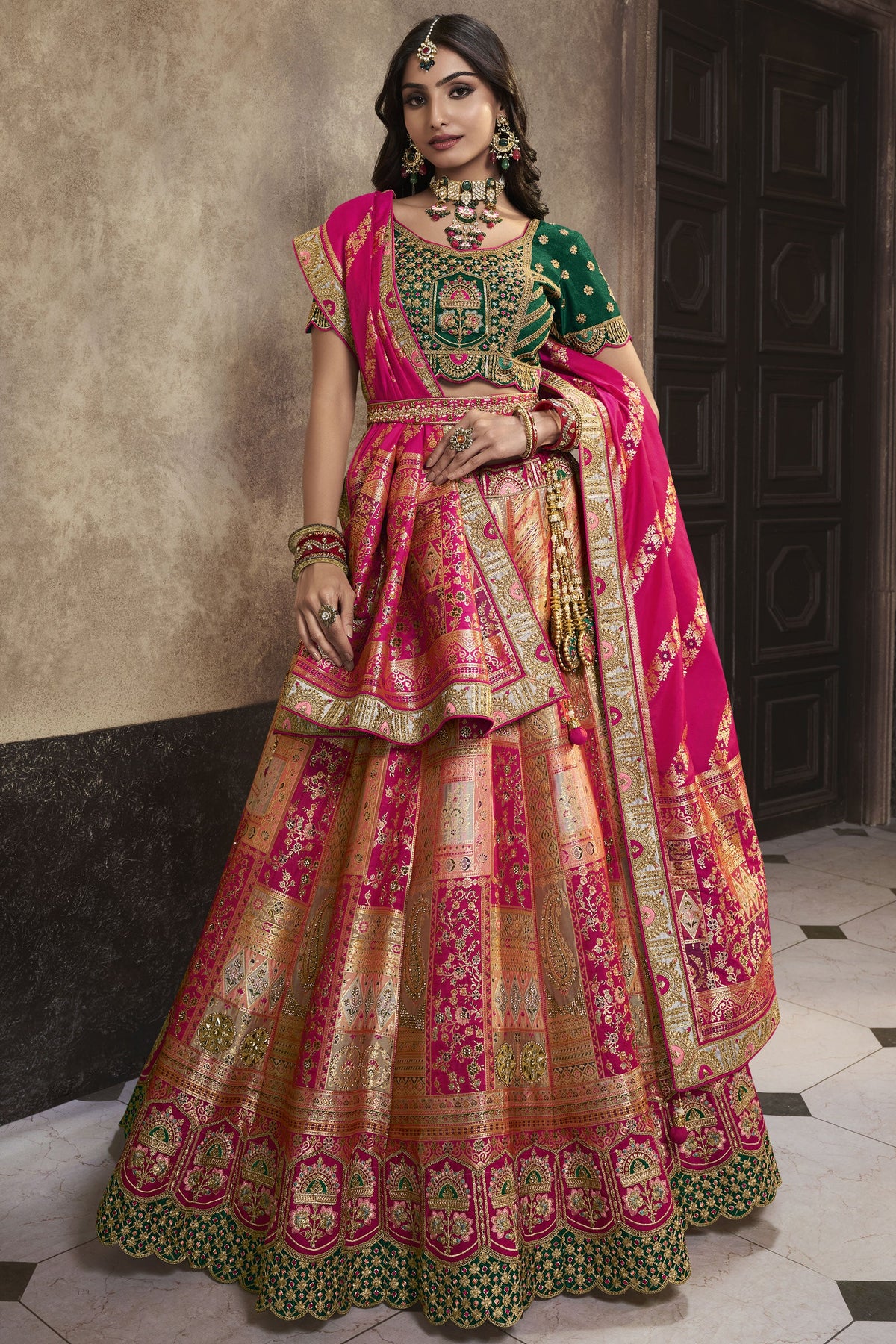 Sequins Work On Peach Color Gorgeous Bridal Lehenga In Silk Fabric