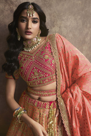 Silk Fabric Peach Color Winsome Sequins Work Bridal Lehenga