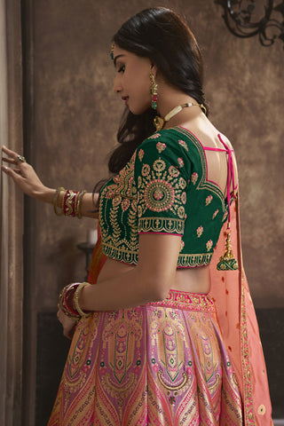 Sequins Work Glamorous Bridal Lehenga In Peach Color Silk Fabric