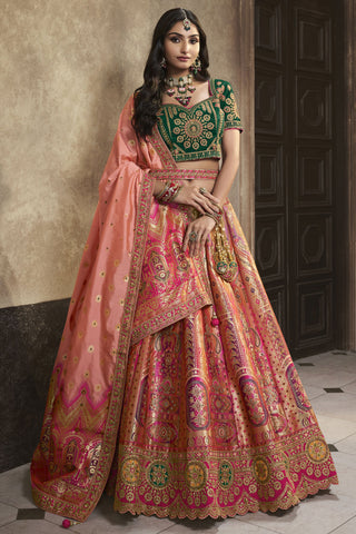 Sequins Work Glamorous Bridal Lehenga In Peach Color Silk Fabric