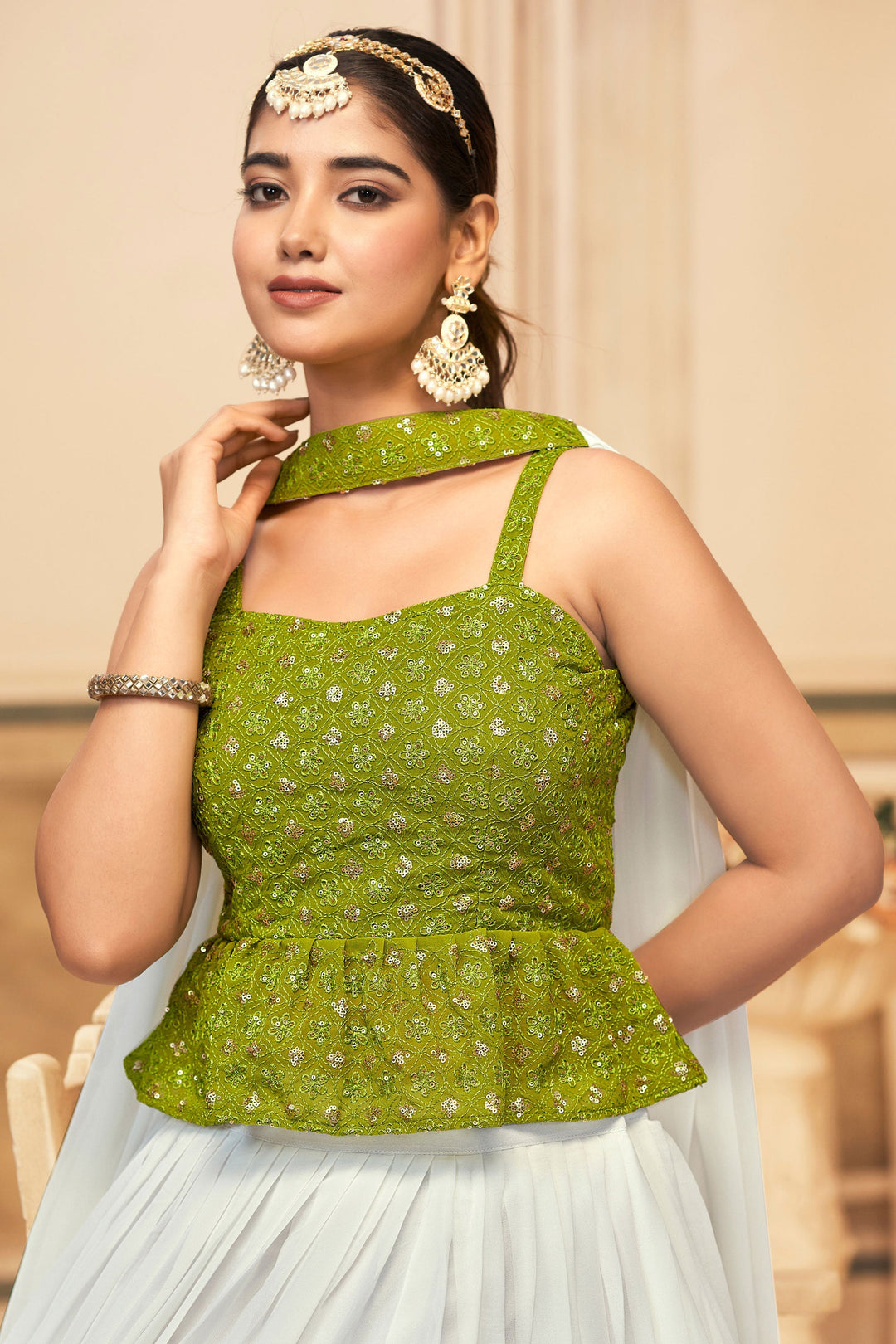 Amazing Embroidered Work On White Color Georgette Fabric Lehenga