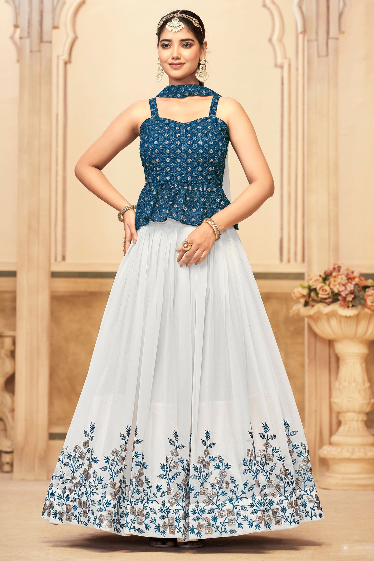 Trendy Georgette Fabric White Color Lehenga With Embroidered Work