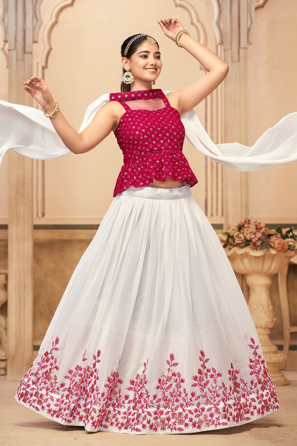 White Color Embroidered Work On Georgette Fabric Chic Lehenga