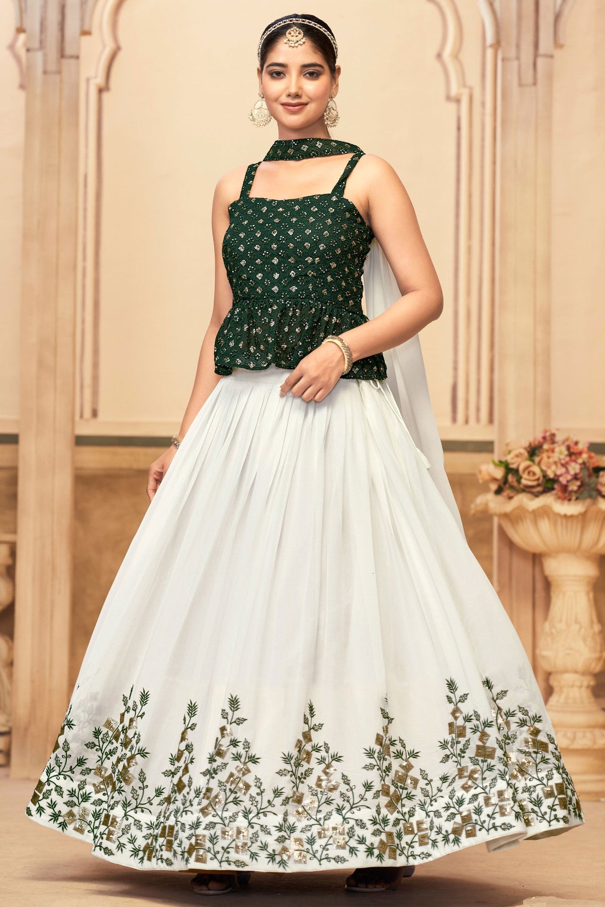 Soothing Embroidered Work On White Color Georgette Fabric Lehenga