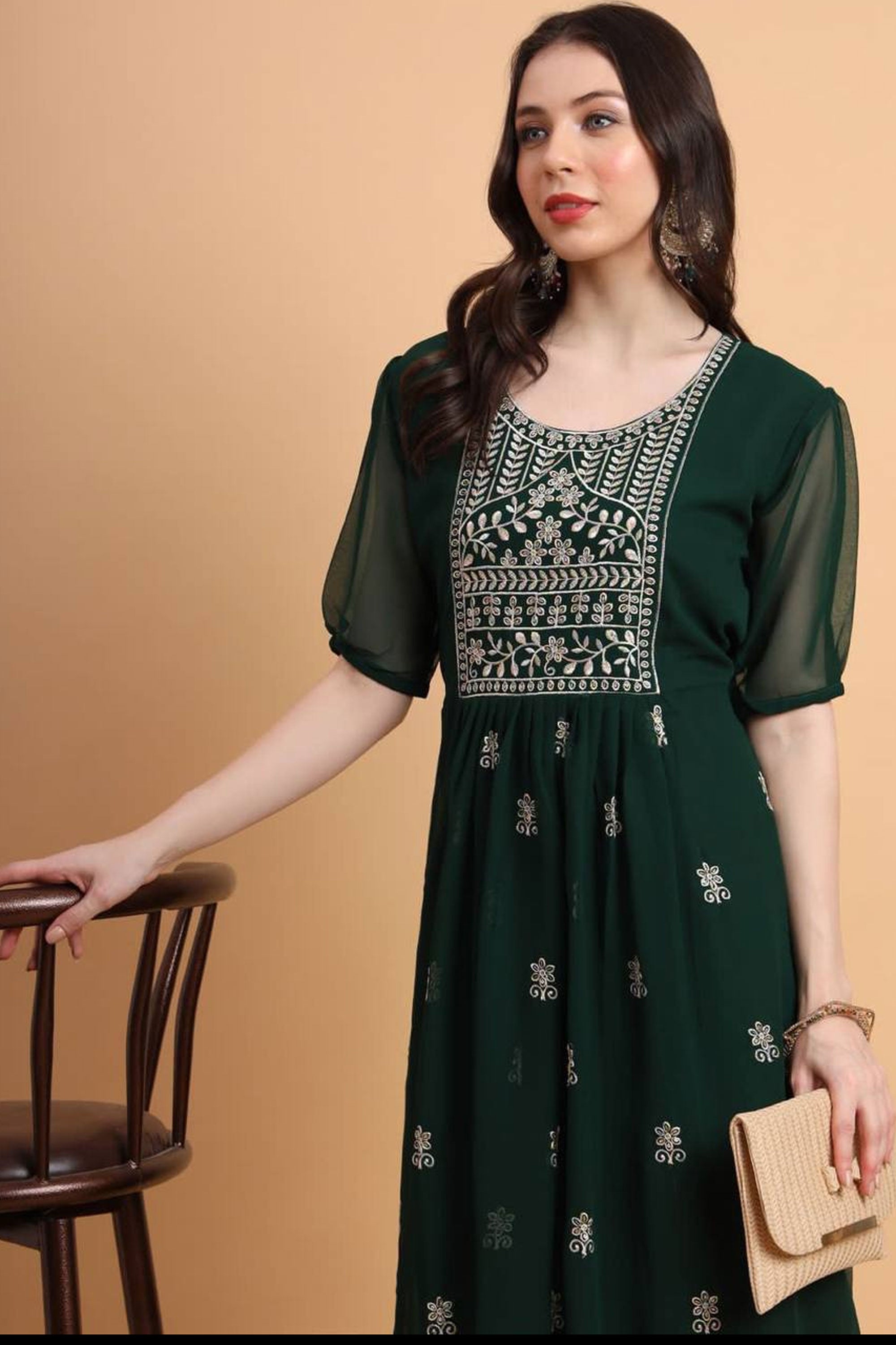 Engaging Dark Green Color Georgette Fabric Readymade Kurti