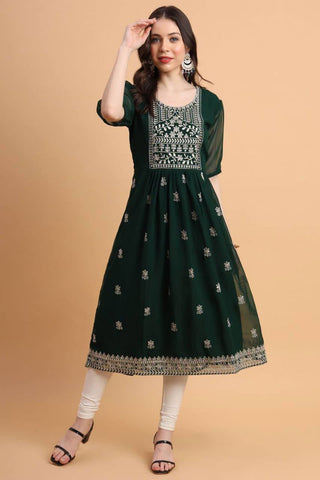 Engaging Dark Green Color Georgette Fabric Readymade Kurti