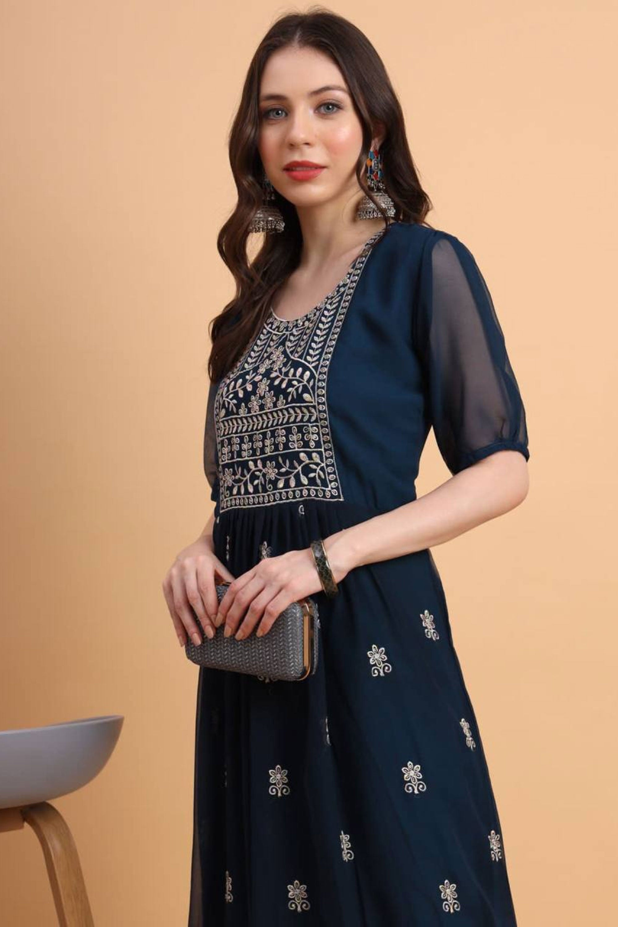 Trendy Georgette Fabric Navy Blue Color Readymade Kurti