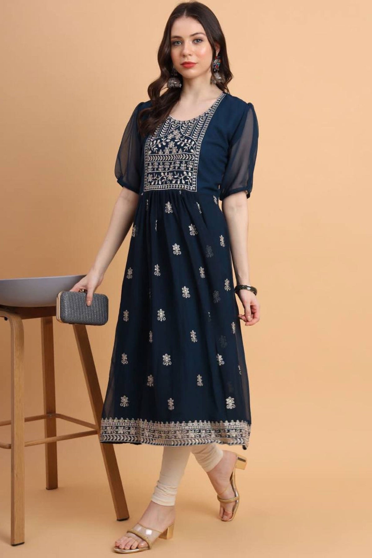 Trendy Georgette Fabric Navy Blue Color Readymade Kurti