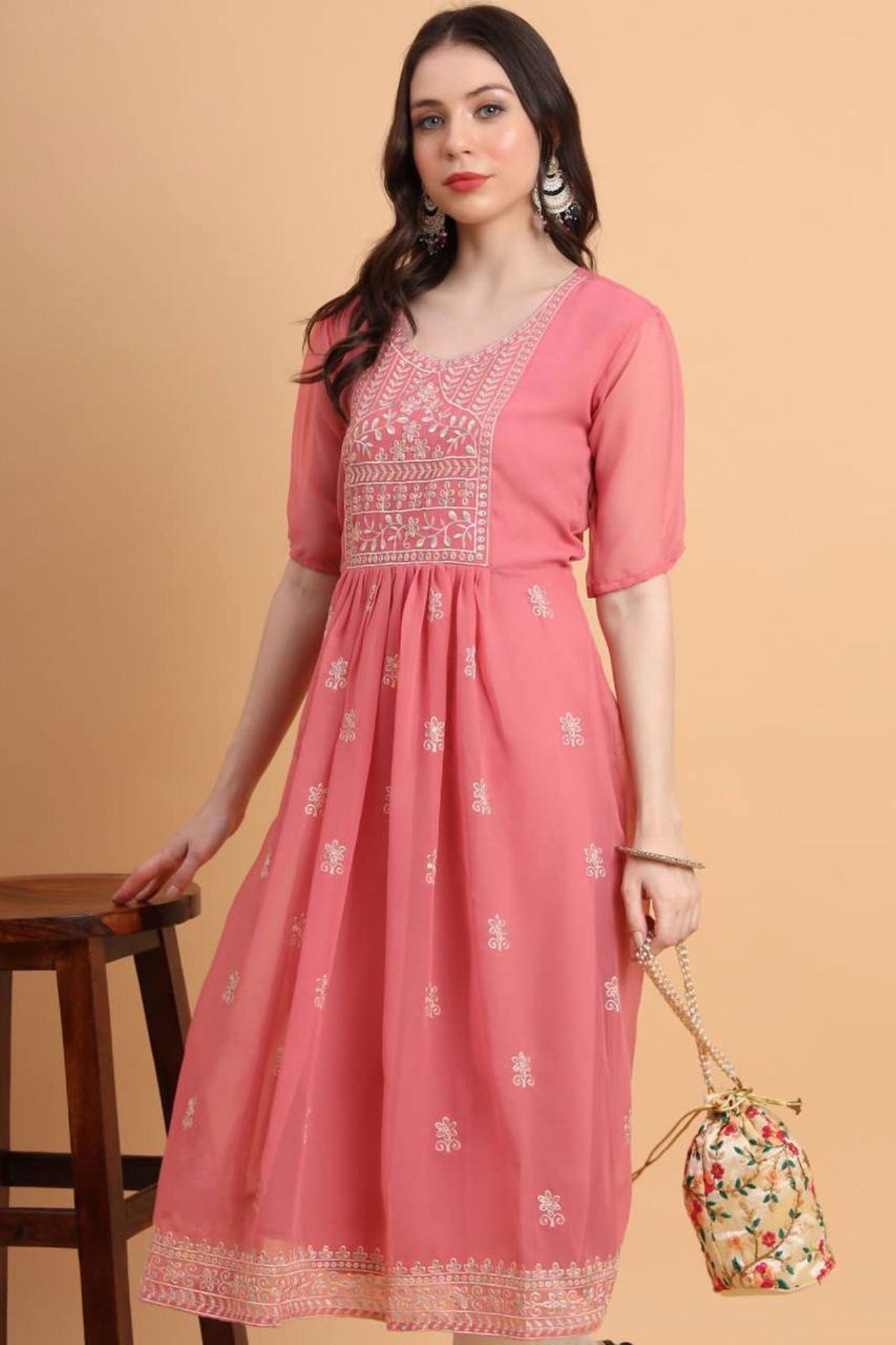 Pink Color Georgette Fabric Chic Readymade Kurti