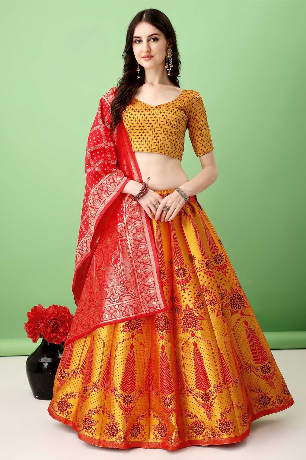 Incredible Jacquard Work On Art Silk Fabric Multi Color Lehenga