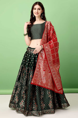 Amazing Jacquard Work On Dark Green Color Art Silk Fabric Lehenga