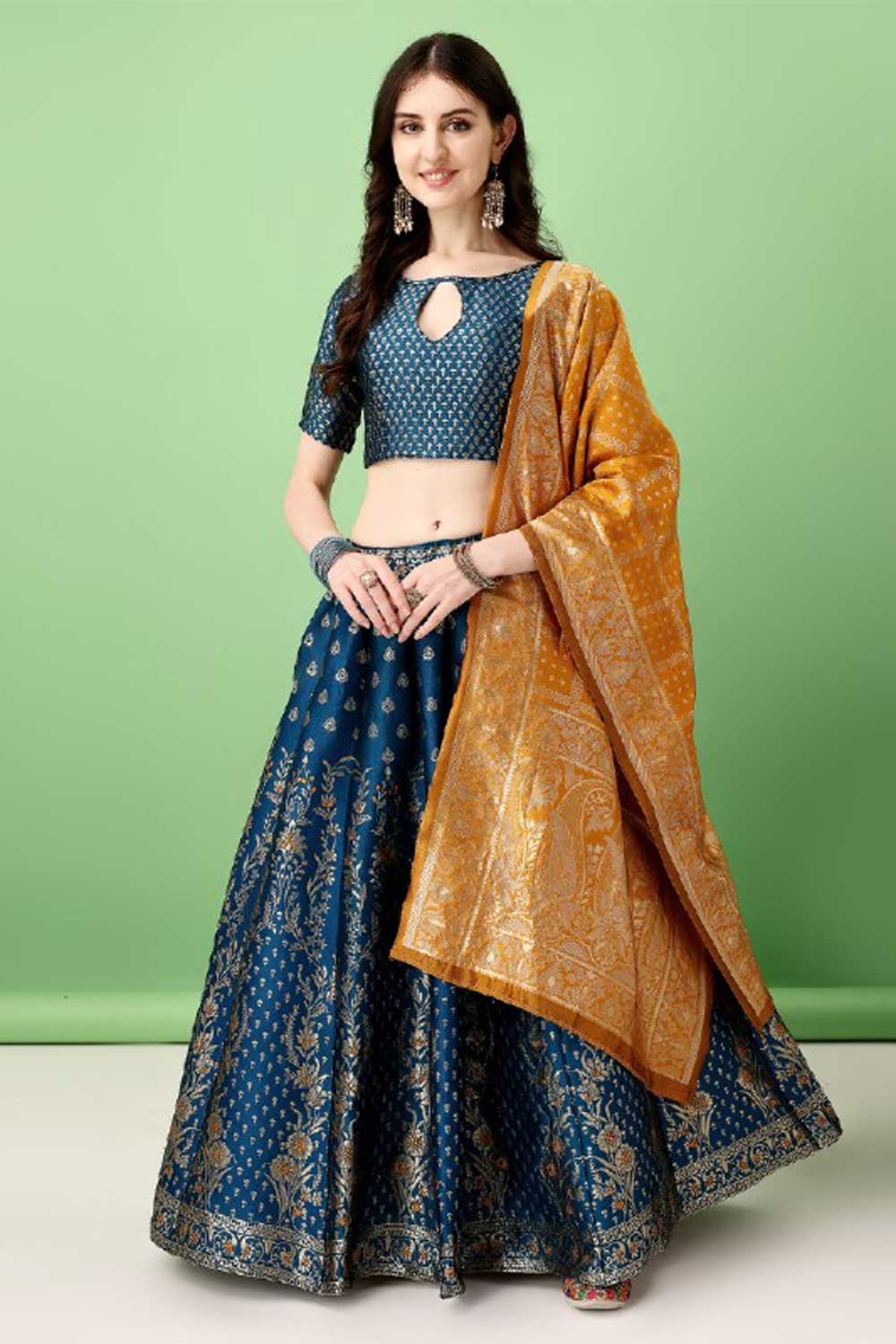 Trendy Art Silk Fabric Teal Color Lehenga With Jacquard Work