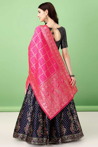 Excellent Art Silk Fabric Navy Blue Color Lehenga With Jacquard Work