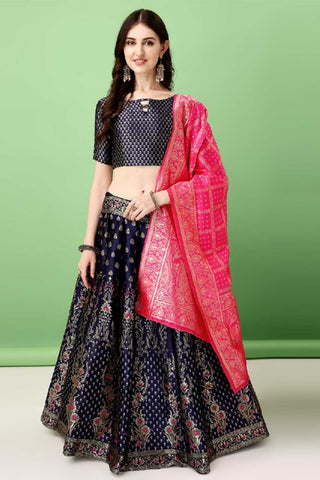 Excellent Art Silk Fabric Navy Blue Color Lehenga With Jacquard Work