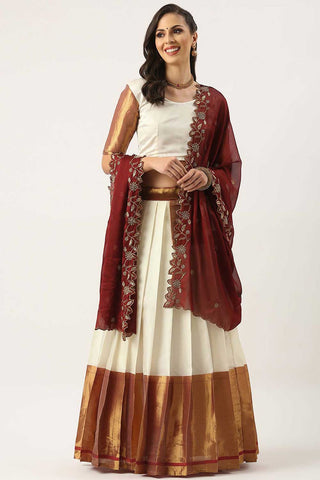 Art Silk Fabric Plain Lehenga Choli in Vibrant White Color