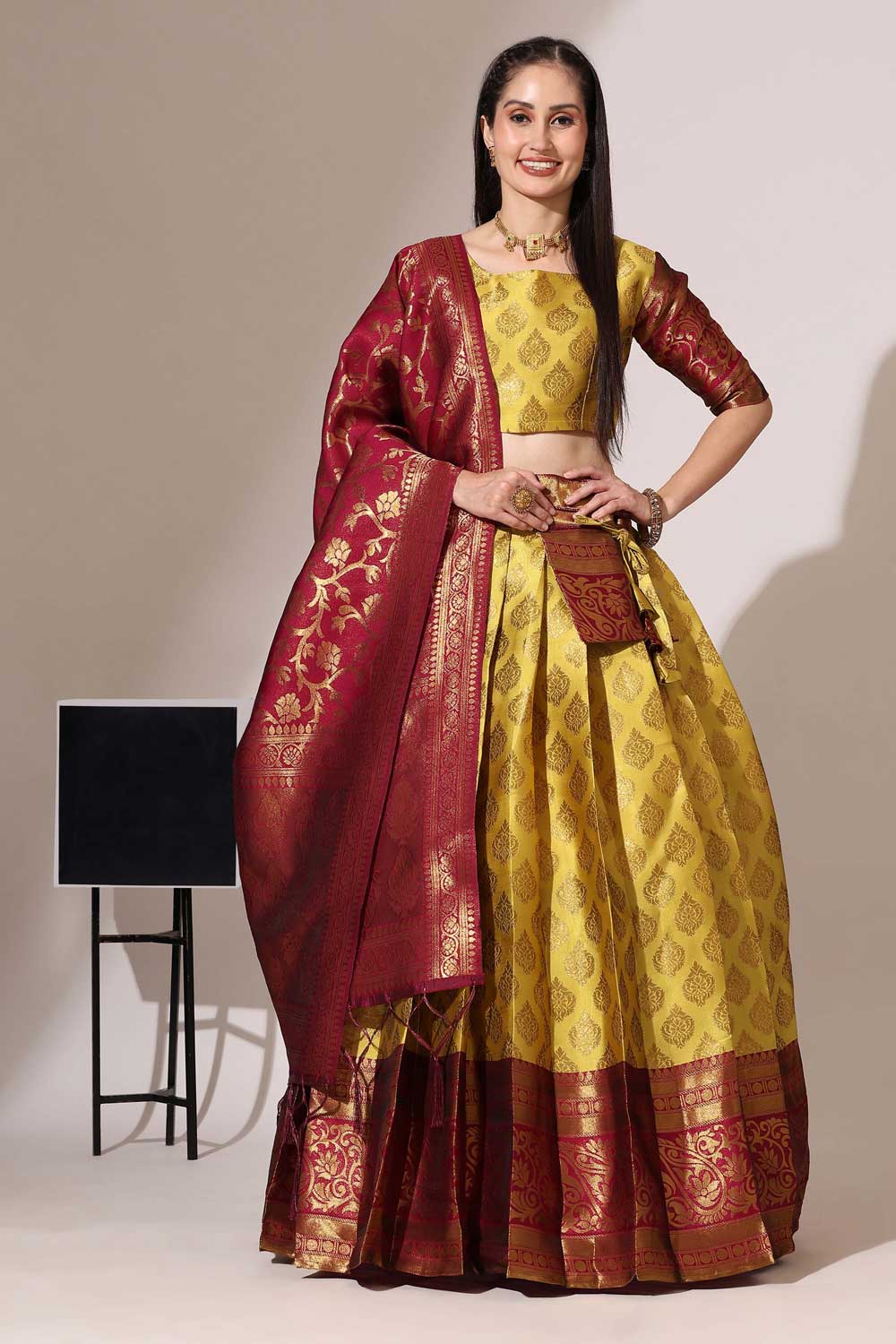 Art Silk Fabric Mustard Color Beatific Look Lehenga Choli