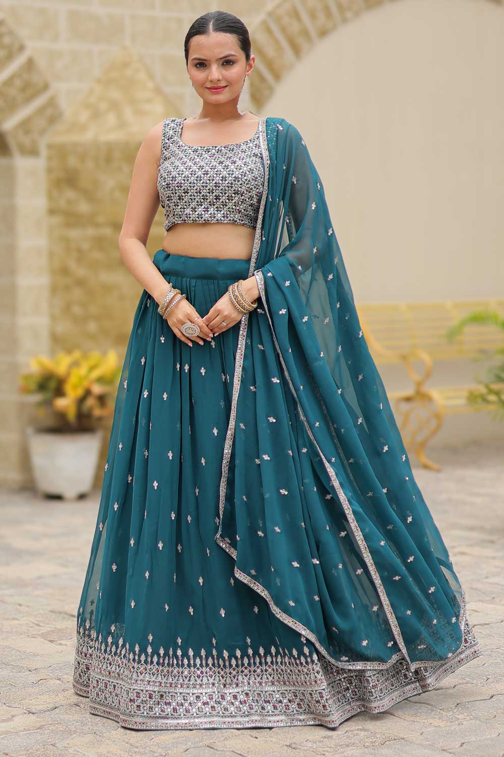 Incredible Function Style Georgette Fabric Teal Color Lehenga