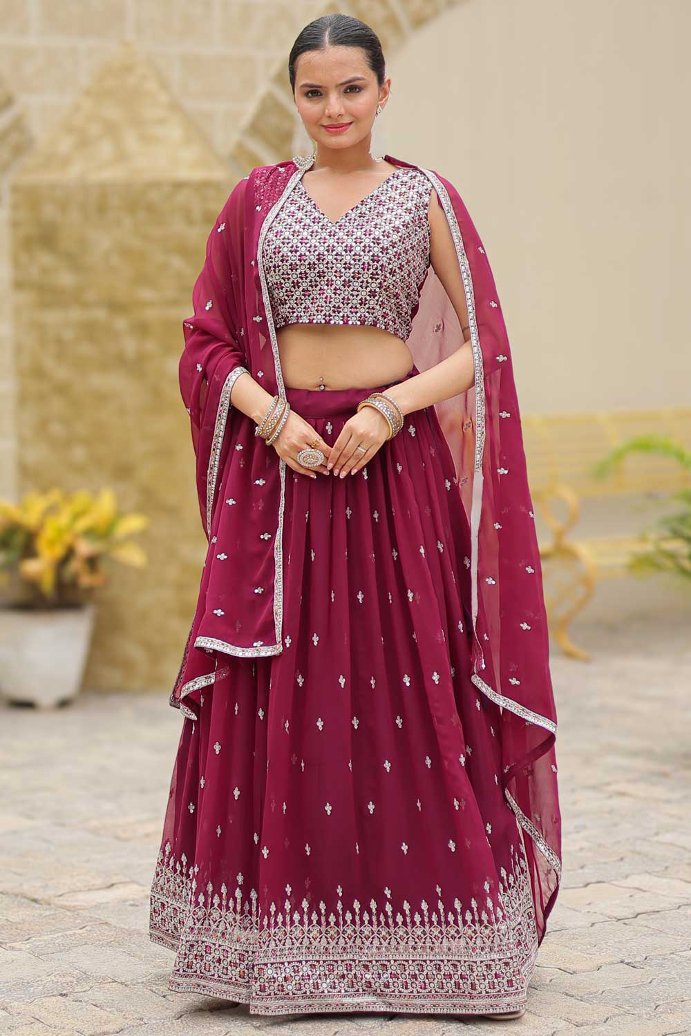 Georgette Fabric Wine Color Delicate  Function Style Lehenga