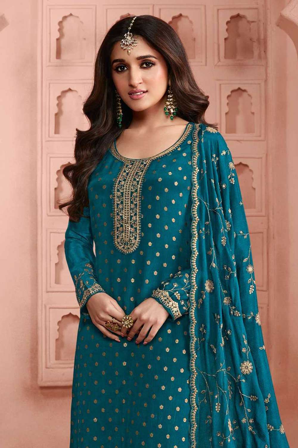 Nidhi shah Teal Color Lovely Dola Silk Salwar Suit