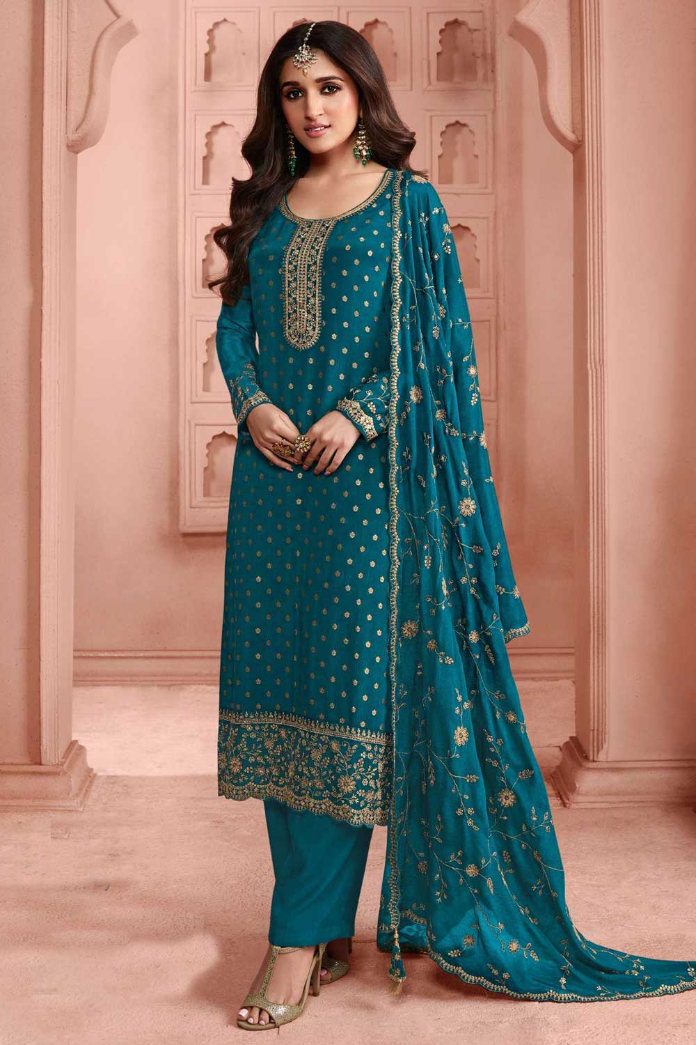 Nidhi shah Teal Color Lovely Dola Silk Salwar Suit