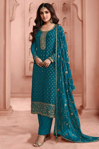 Nidhi shah Teal Color Lovely Dola Silk Salwar Suit