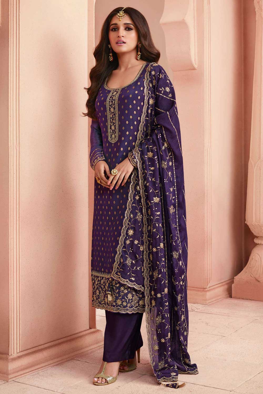 Nidhi shah Purple Color Tempting Dola Silk Salwar Suit