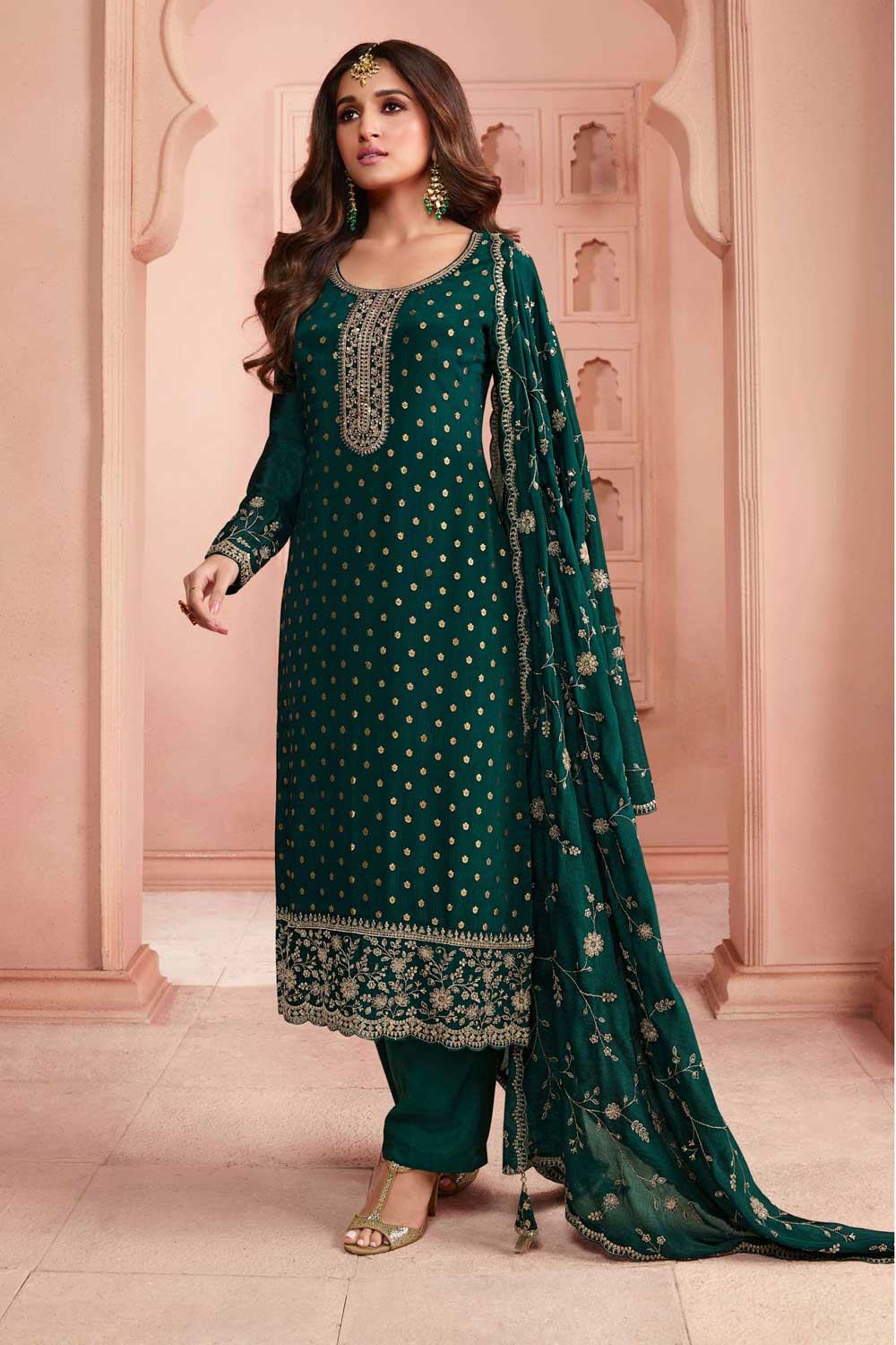 Nidhi shah Green Color Awesome Dola Silk Salwar Suit