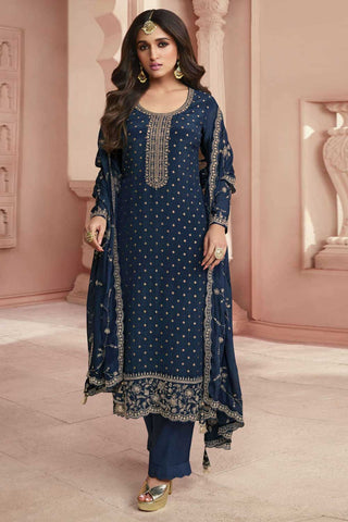 Nidhi shah Beatific Dola Silk Salwar Suit In Navy Blue Color