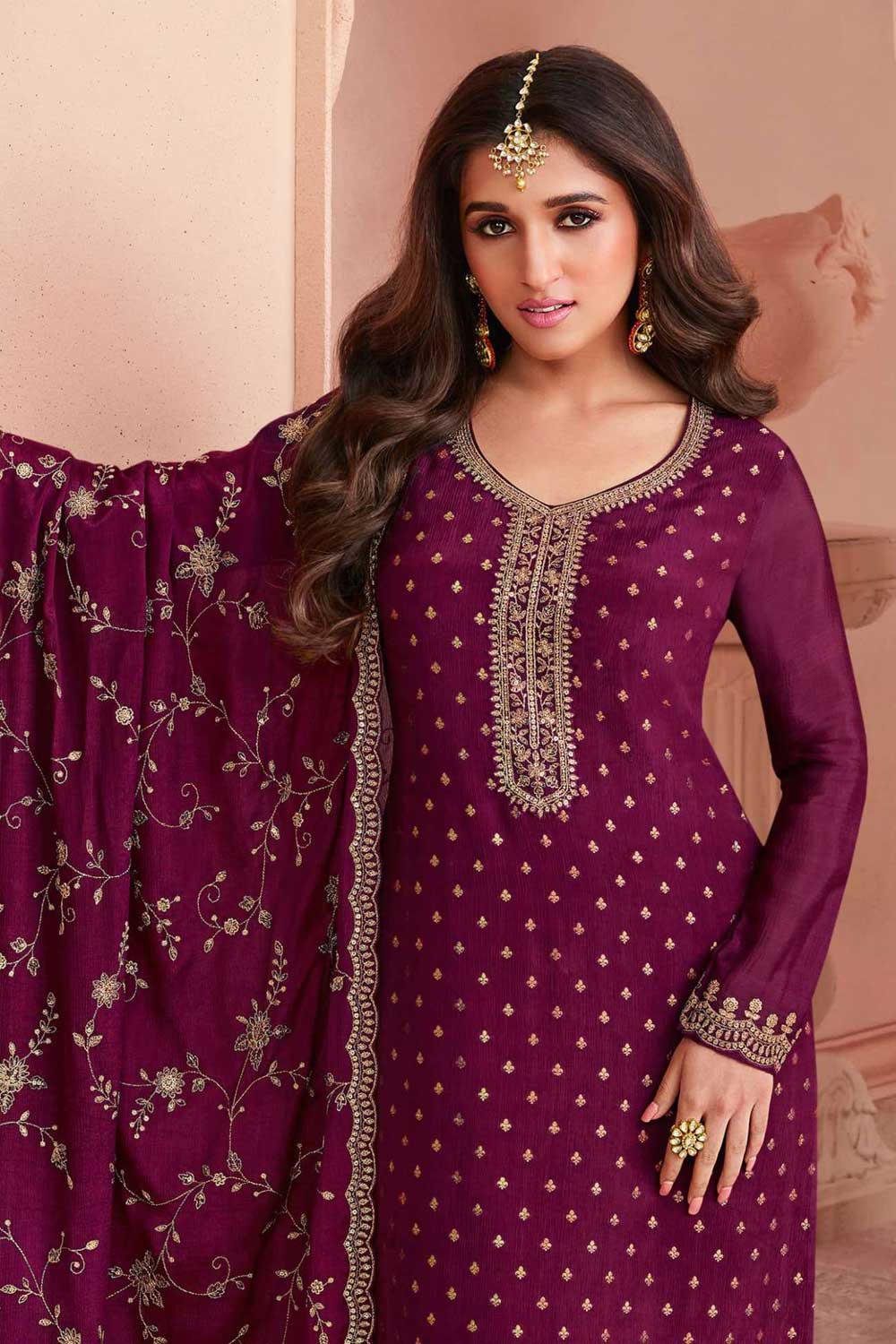 Nidhi shah Wine Color Inventive Dola Silk Salwar Suit