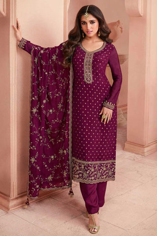 Nidhi shah Wine Color Inventive Dola Silk Salwar Suit