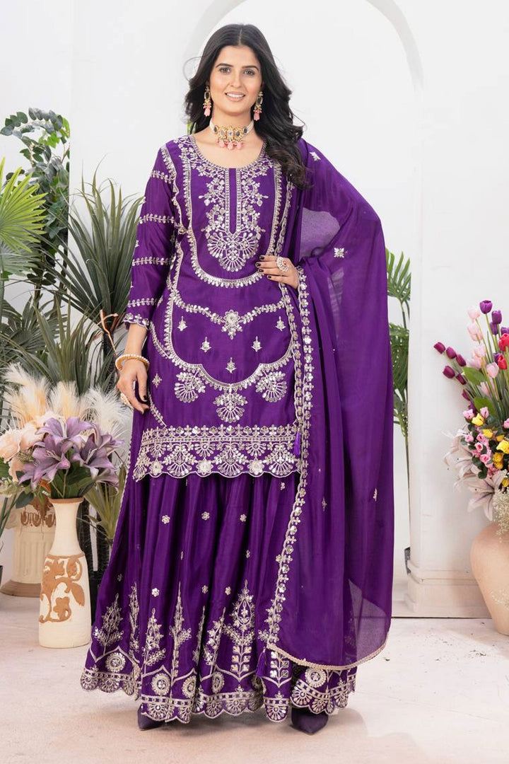 Chinon Fabric Purple Color Attractive Readymade Sharara Suit