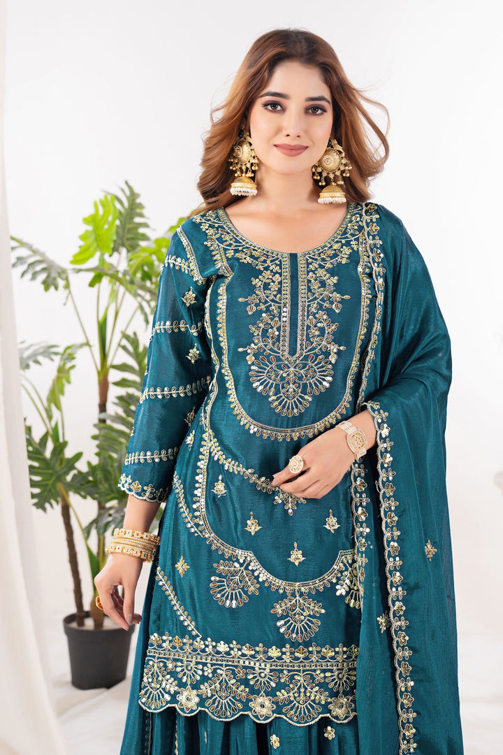Teal Color Chinon Fabric Beautiful Readymade Sharara Suit